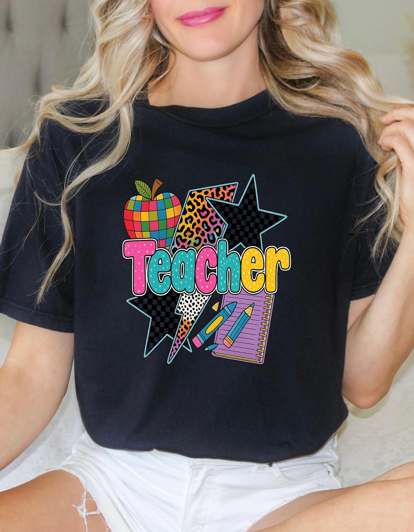 Colorful Retro Teacher Shirt | Back to School Teacher Tee | Fun Teacher Graphic T-Shirt | Leopard School Supplies Design | Teacher Gift