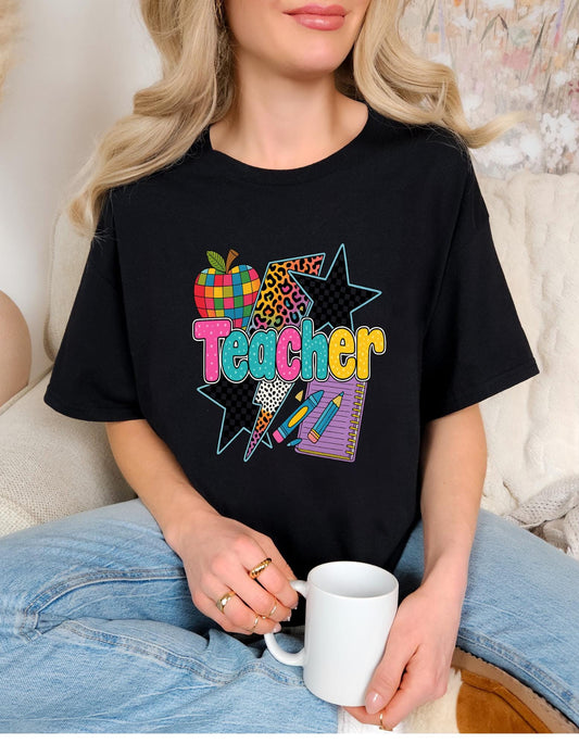 Colorful Retro Teacher Shirt | Back to School Teacher Tee | Fun Teacher Graphic T-Shirt | Leopard School Supplies Design | Teacher Gift