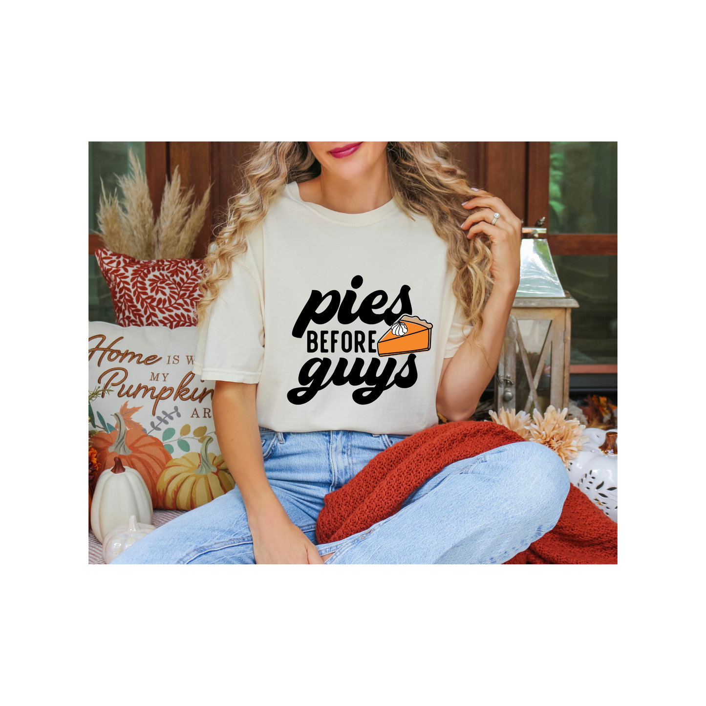 Pies Before Guys Fall Shirt | Funny Thanksgiving Graphic Tee | Cute Autumn Pie T-Shirt | Pumpkin Pie Season Tee | Fall Humor Shirt for Women