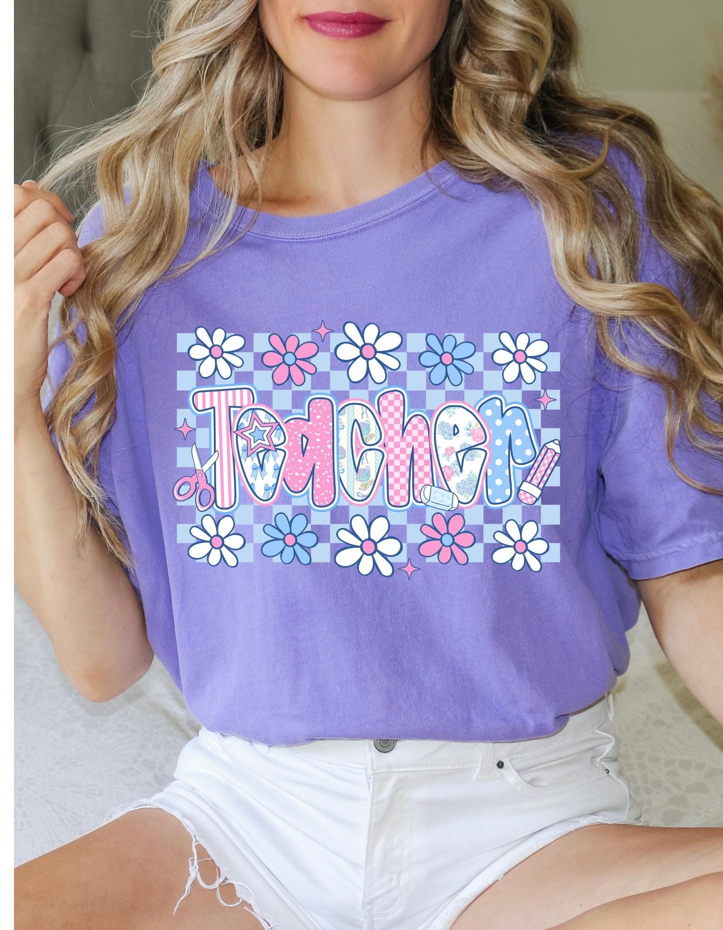 Light Blue Flower Checkerboard Teacher T-Shirt | Groovy Retro Teacher Tee | Unisex Graphic Shirt