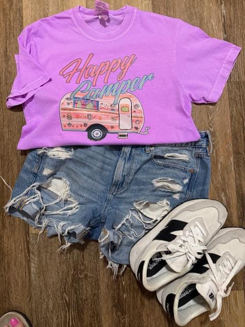 Happy Camper Graphic Tee | Retro Camping Shirt | Adventure Outdoors T-Shirt | Nature Lover Gift | Vintage Campfire Tee | Hiking Shirt