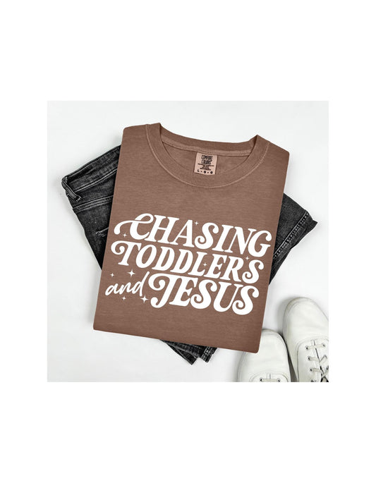 Chasing Toddlers and Jesus T-Shirt | Mom Life Faith Shirt | Christian Motherhood Tee | Funny Tired Mom Shirt | Jesus & Toddlers Graphic Tee
