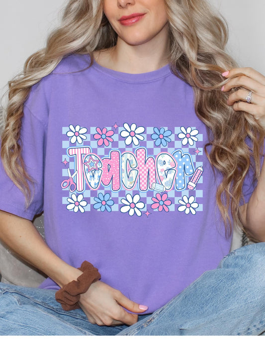 Light Blue Flower Checkerboard Teacher T-Shirt | Groovy Retro Teacher Tee | Unisex Graphic Shirt