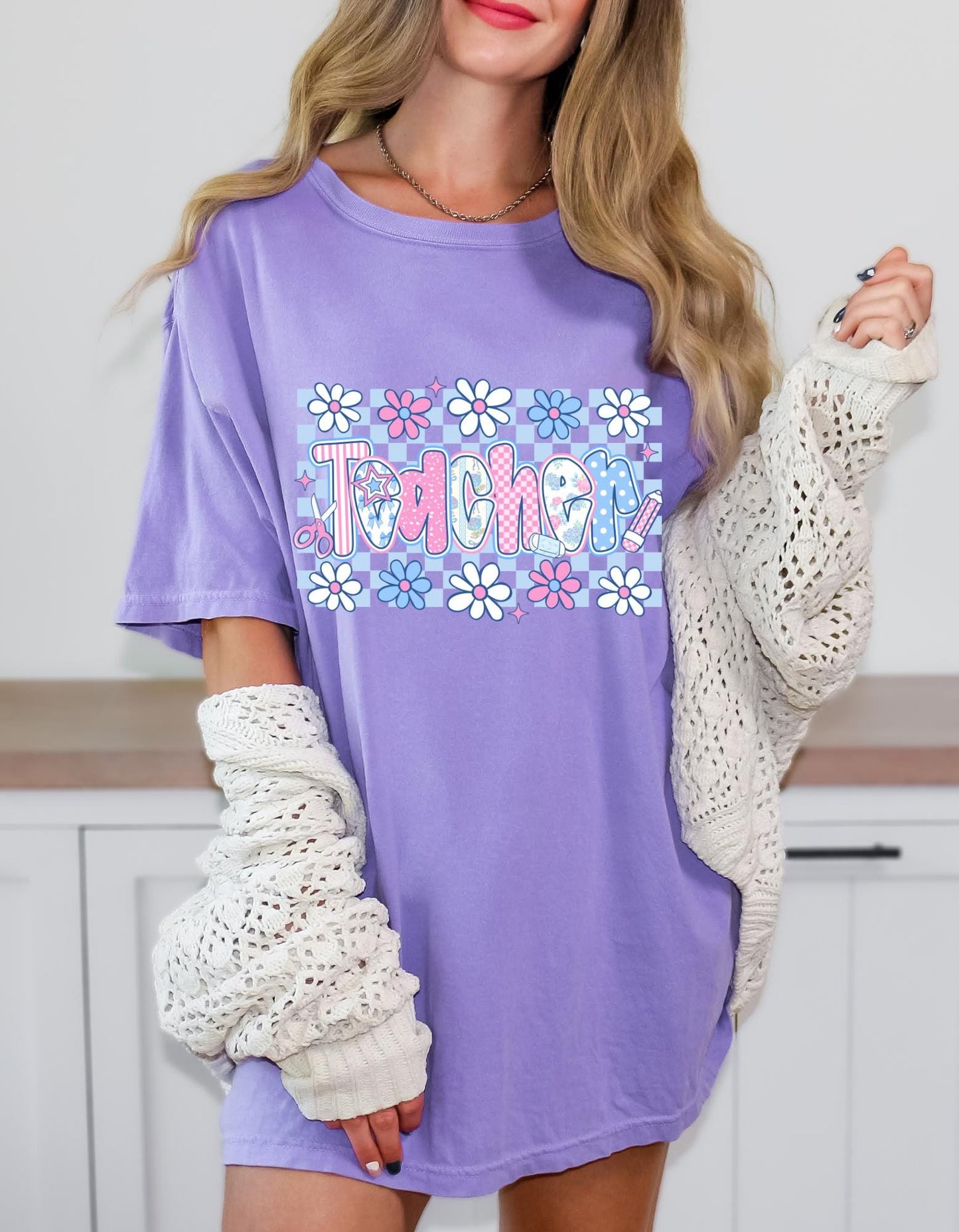 Light Blue Flower Checkerboard Teacher T-Shirt | Groovy Retro Teacher Tee | Unisex Graphic Shirt