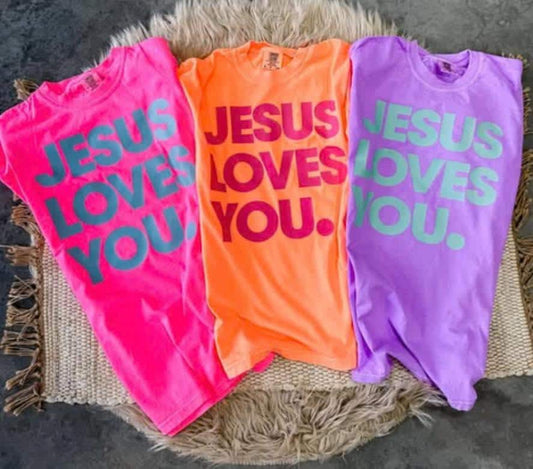 Christian Neon Jesus Loves You T-Shirt – Bold Vibrant Faith Graphic Tee, Inspirational Christian Shirt, Church Group Apparel for Believers