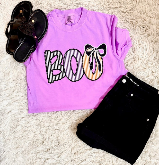Neon Purple Boo Halloween T-Shirt | Spooky Cute Graphic Tee | Bright Retro Ghost Shirt | Fall Pumpkin Season Top for Women