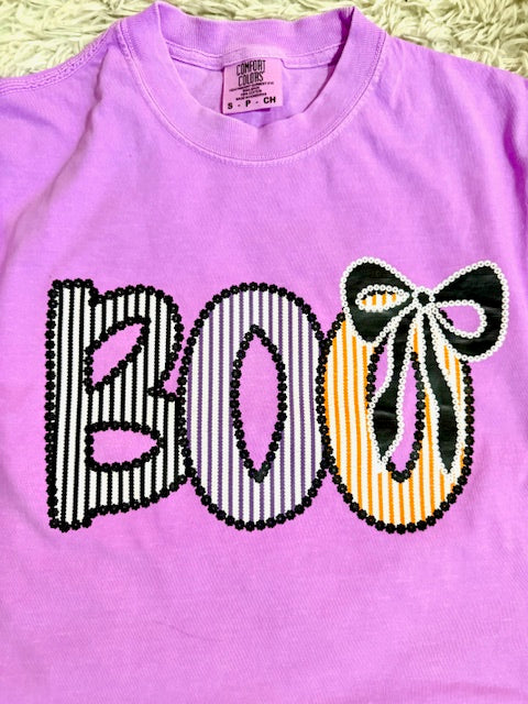 Neon Purple Boo Halloween T-Shirt | Spooky Cute Graphic Tee | Bright Retro Ghost Shirt | Fall Pumpkin Season Top for Women