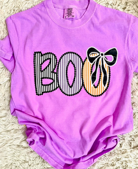 Neon Purple Boo Halloween T-Shirt | Spooky Cute Graphic Tee | Bright Retro Ghost Shirt | Fall Pumpkin Season Top for Women