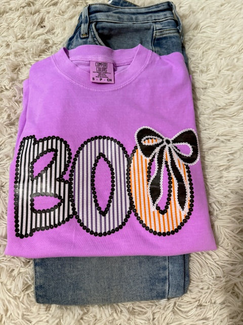 Neon Purple Boo Halloween T-Shirt | Spooky Cute Graphic Tee | Bright Retro Ghost Shirt | Fall Pumpkin Season Top for Women