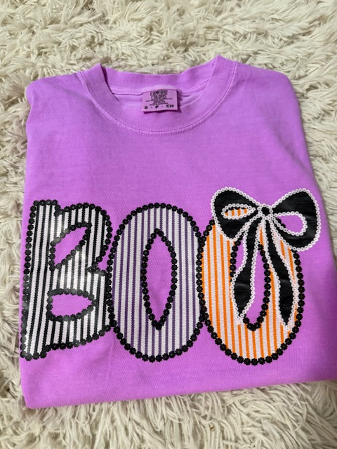 Neon Purple Boo Halloween T-Shirt | Spooky Cute Graphic Tee | Bright Retro Ghost Shirt | Fall Pumpkin Season Top for Women
