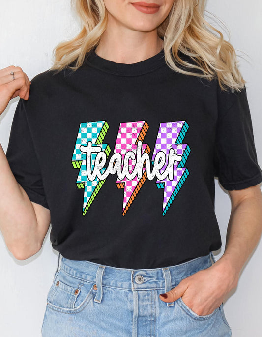Lightning Bolt Teacher T-Shirt | Bold Retro Graphic Tee | Trendy Teacher Shirt