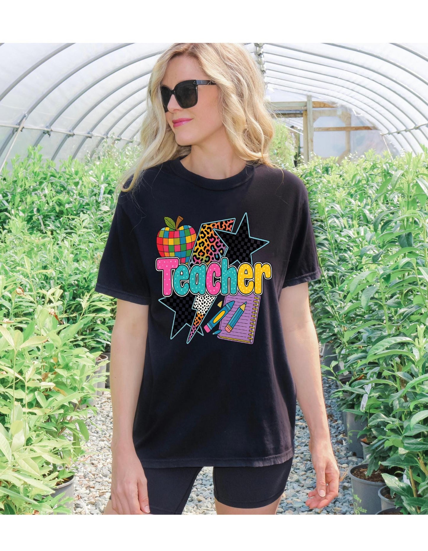Colorful Retro Teacher Shirt | Back to School Teacher Tee | Fun Teacher Graphic T-Shirt | Leopard School Supplies Design | Teacher Gift