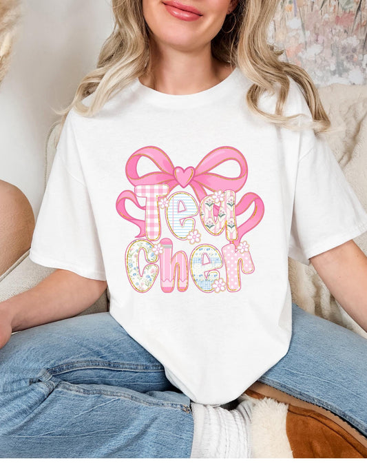 Pastel First Grade Teacher Shirt with Bow | Cute Back to School Tee | Floral 1st Grade Teacher Gift | Fun Elementary Teacher Outfit