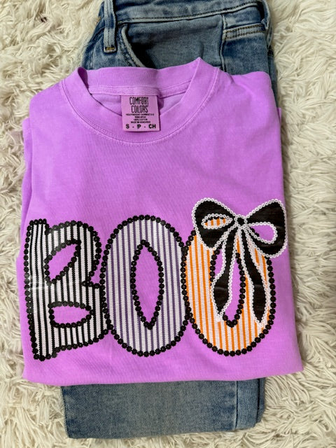 Neon Purple Boo Halloween T-Shirt | Spooky Cute Graphic Tee | Bright Retro Ghost Shirt | Fall Pumpkin Season Top for Women