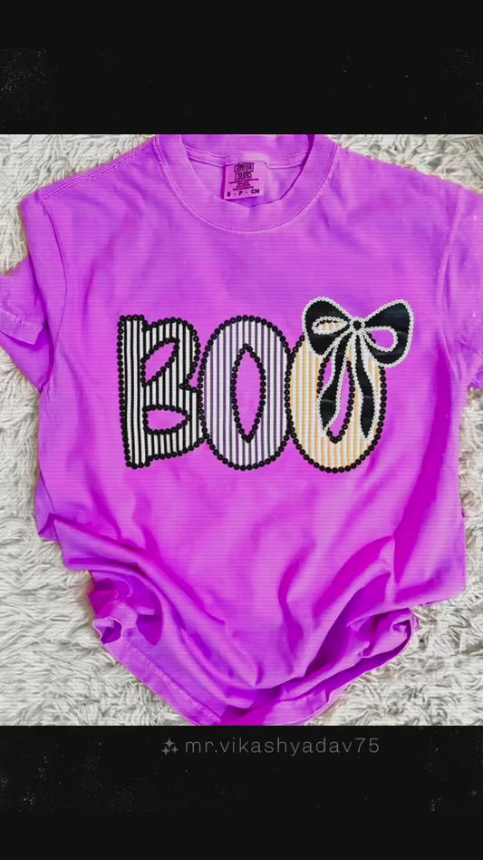 Neon Purple Boo Halloween T-Shirt | Spooky Cute Graphic Tee | Bright Retro Ghost Shirt | Fall Pumpkin Season Top for Women